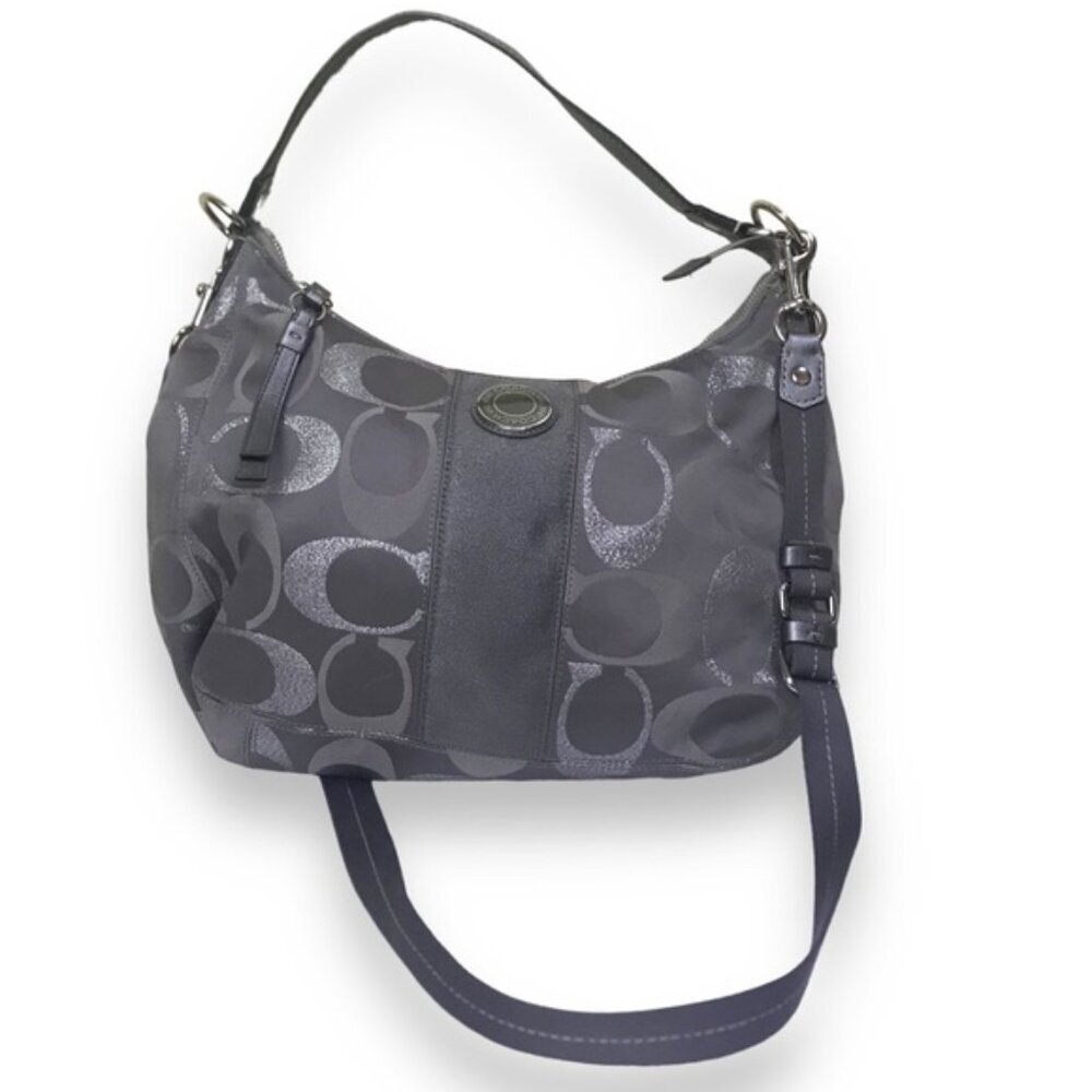 COACH Hobo Shoulder Crossbody Bag CC Silver Metallic Signature Leather Canvas